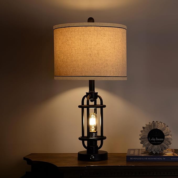 G-SAFAVA 23.75'' Industrial Black Metal Table Lamps Living Room Lamp for Nightstand Bedroom lamp Single Bedside End Side Table Lamps Home Decor Touch Lamp Modern Lamps with USB Ports, Bulbs Included