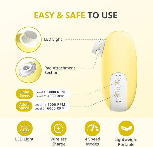AIRSEE Premium Newborn Gift Electric Baby Nail File, Cordless Safe Nail Trimmer for Infant, 6 Replacement Heads with Magnetic Storage Case, 360° Light, Baby Clipper, Christmas, Soft Yellow