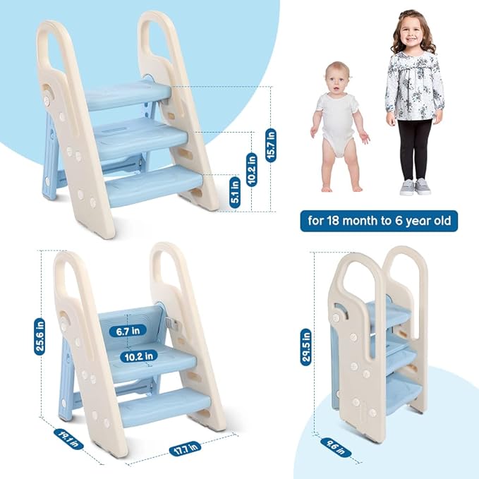 Onasti Foldable Toddler Step Stool for Bathroom Sink, Adjustable 3 Step Stool for Kids Toilet Potty Training Stool with Handles, Child Kitchen Counter Stool Helper, Plastic Ladder for Toddlers Blue