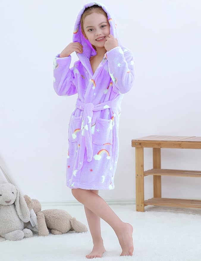 Girls Fleece Hooded Robes, Kids Soft Premium Fuzzy Bathrobe for Gifts, 2-12 Years