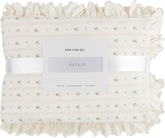 Ely's & Co. Crib Bedding Set for Girls, Toddler Bedding Set, 5 Piece Set - 2 Fitted Crib Sheets/Toddler Bed Sheets, Quilted Comforter and Decorative Pillow with Insert, Pink Linear Floral Collection