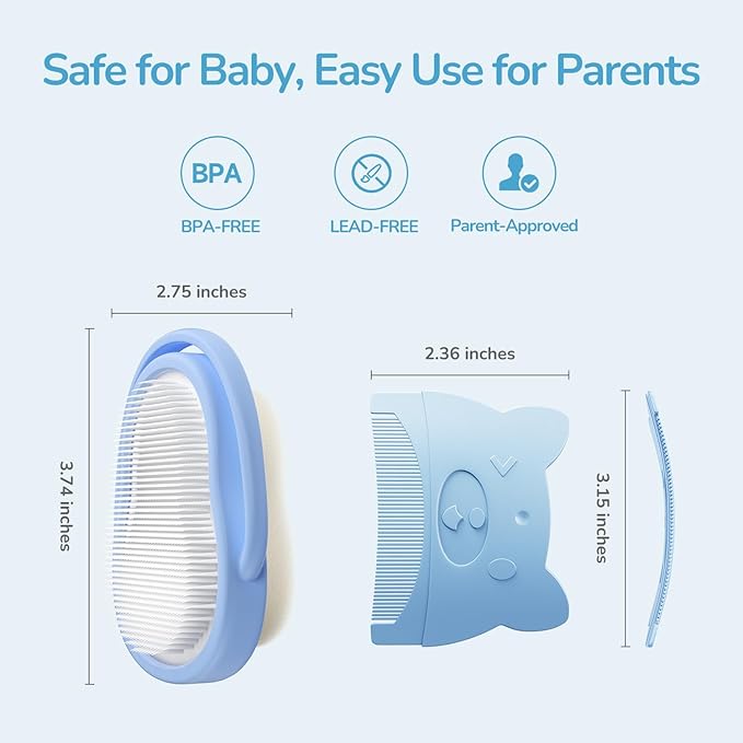 Baby Cradle Cap Brush & Comb Set, 3-in-1 Scalp Brush, Curved Comb & Soft Sponge | BPA-Free Cradle Cap Treatment Kit for Newborns & Infants 0-12 Months, Flakes Removal, Light Blue