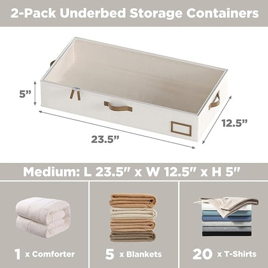 COYACOOL Under Bed Storage, Under Bed Storage Containers Bins for Clothes, Large Linen Underbed Closet Organization Bins, 2 Pack Collapsible Underbed Bin Dorm for Clothes, Sweater, Beige