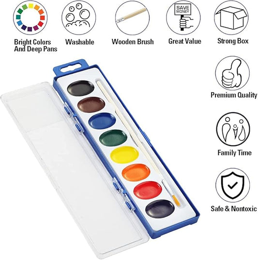 Watercolor Paint Sets Bulk Pack of 24, Ezzgol 8 Colors Washable Paint Sets for Kids, Quality Water Color Wooden Brushes, Perfect for Preschool Classroom