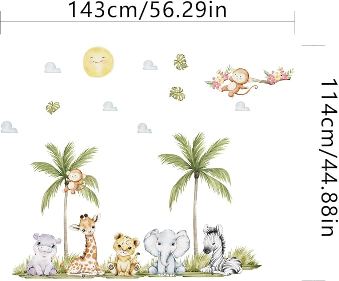 56.29 x 44.88 Inch Watercolor Animal Wall Decals Jungle Animal Stickers Tiger Elephant Zebra Giraffe Monkey Hippo Wall Stickers for Baby Nursery Bedroom Classroom Kindergarten Wall Decor