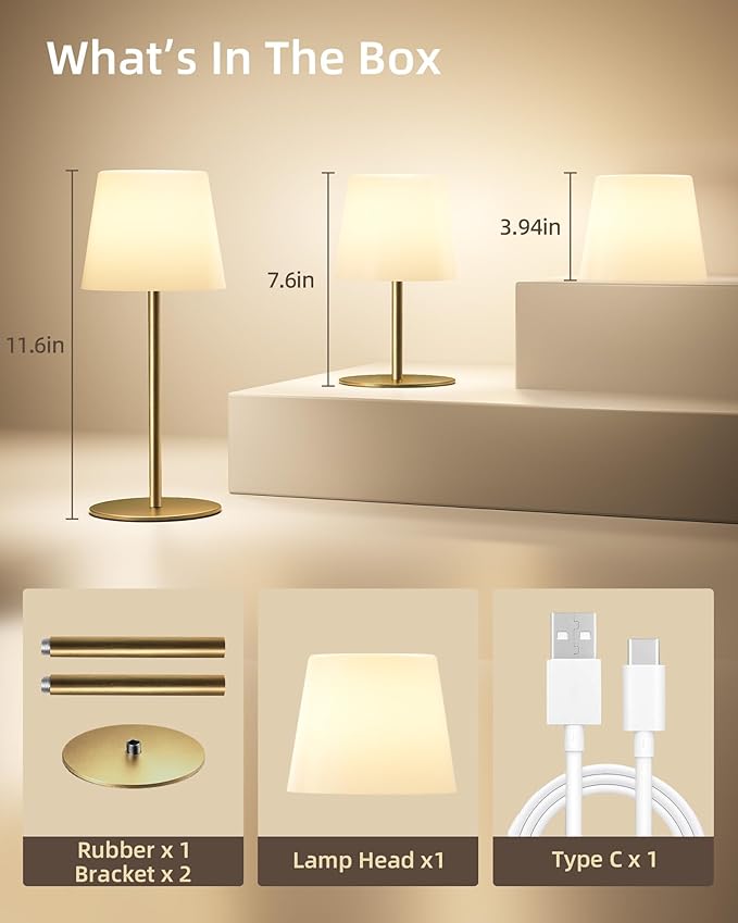 EZVALO Outdoor Cordless Table Lamp, IP65 Waterproof 4500mAh Rechargeble Shower Lamp, Dimmable Touch Lamp, LED Night Light Lamp for Bathroom Patio Camping Restaurant Home 1 Pack (Gold)
