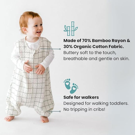 Tealbee Dreamsuit Toddler Sleep Sack with Feet – Walker Sleep Bag with Legs, Rayon made from Bamboo, Summer 0.8 TOG, 2-Way Zipper, 2T-3T - Checkered