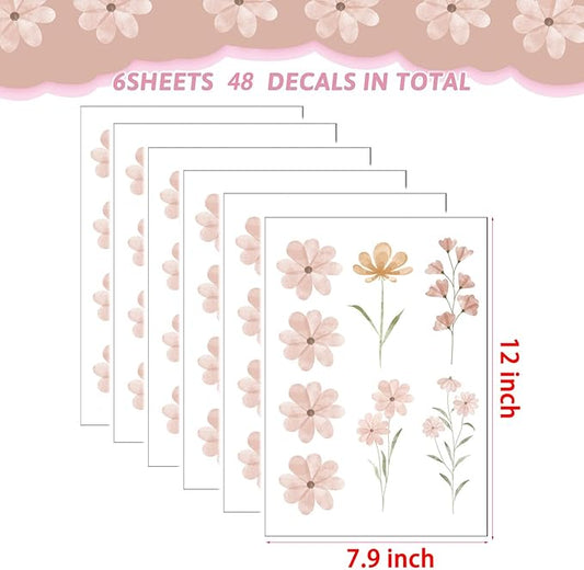 48 PCS Boho Flower Stickers Daisy Wall Decals for Girls' Rooms, Playrooms, and Nurseries Dual Layer Print for High Coverage Removable Peel and Stick Wall Decor