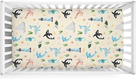 Colorful Sea Animals Baby Crib Sheet 52''x28'' Ocean Whale Dolphin Turtle Shells Coral Lighthouse Ship Stretchy Fitted Crib Mattress Cover for Boy Girl Baby Sheets for Standard Crib Toddler Mattress