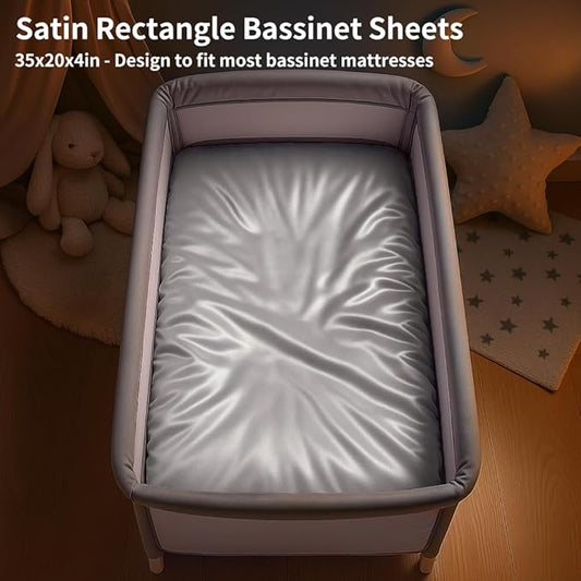 Satin Bassinet Sheet 2 Pack, Great for Baby Hair, Soft Silk Feeling Sheet for Rectangle Cradle Bassinet Mattress Pad, for Boys Girls Gift Newborn and Infant(White & Gray)