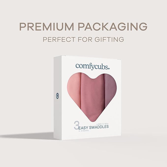 Comfy Cubs Easy Swaddle Blanket, 3 Pack - 100% Cotton Newborn Wrap, Large for 3-6 Months Infants, with Adjustable Velcro, Breathable and Durable Sleep Sack for Babies - Blush, Mauve & Mulberry