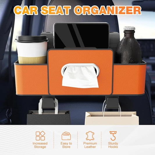 PETUPS 3-in-1 Car Backseat Organizer with Cup Holder, Tissue Box, Trash Bin & Hooks, 2026 Multifunctional Back Seat Car Organizer for Phones, Snacks, Drinks, and Handbags (black)