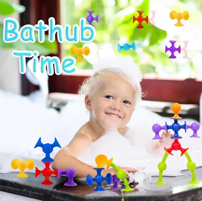 68 Piece Suction Cup Toys Bath Toys, Construction Set Silicone Building Blocks Stocking Stuffers DIY Blocks Sucker Toy Bathtub Toys, Sensory Toy for Toddlers 3-8 Year Old Boys Girls