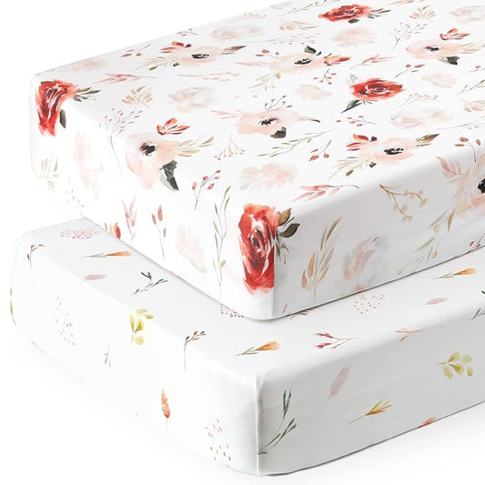 GRSSDER Ultra Soft Jersey Knit Fitted Crib Sheets 2 Pack, Universal Fit Crib Mattress Pads Snug and Safe, Breathable Crib Mattress Sheet for Baby Girls, Pretty Watercolor Pink Rose Flora