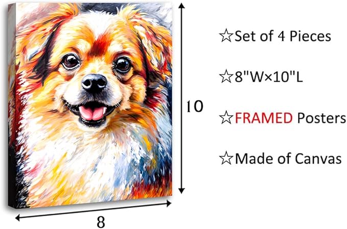 Framed Dog Wall Art Prints,Lovely Dog Canvas Wall Art,Set of 4 Funny Pet Dogs Prints,Colorful Impressionism Animals Wall Art for Living Room Bedroom Office Decor(8"x10")