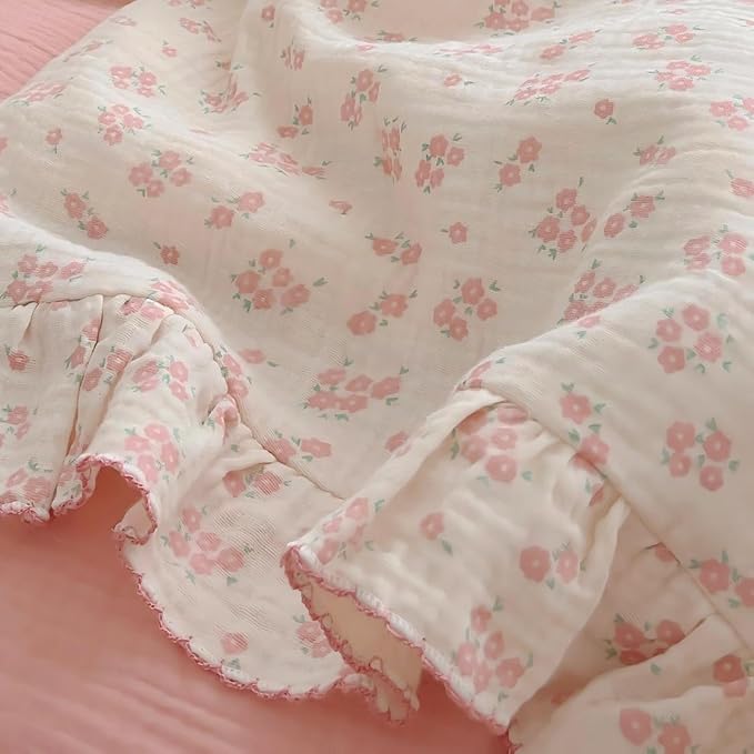 BuLuTu Girls Baby Duvet Cover Pink Flower Duvet Covers Muslin Cotton Toddler Kids Duvet Cover Quilted Protector, 47"x59", Galsang Print (No Filling)