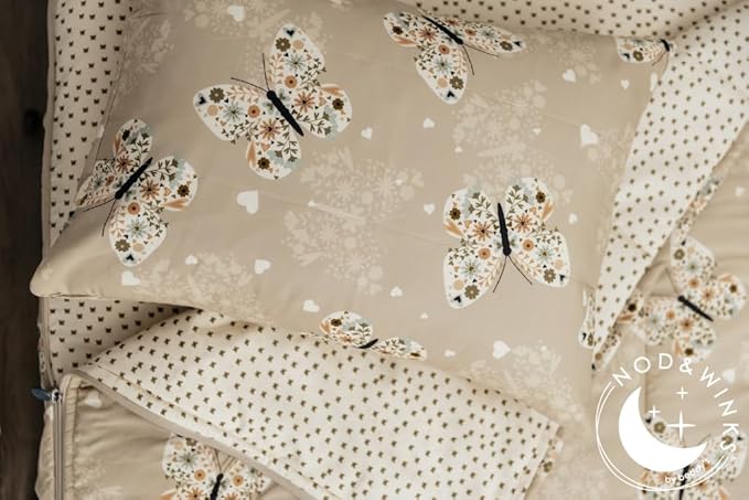 Beddy's Butterfly Themed Durable Zipper Bedding for Kids, Bed in a Bag, Beige Sheets & Comforter with Butterflies, Hearts & Floral Design, Includes Pillowcase & Pillow Sham, Easy to Make & Wash