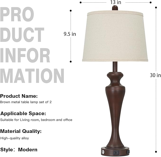 luxeflow 30" Brown Touch Table Lamps Set of 2, 3-Way Bedside Lamp with USB A+C Ports and AC Outlet, Tall Living Room Lamps for End Table, Modern Metal Bedroom Lamp for Night Stand