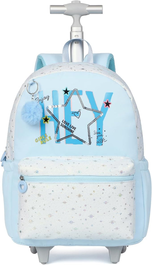kingdisen Cute travelers club blue Rolling Backpack for women with wheels Rolling cart (HEY BLUE)