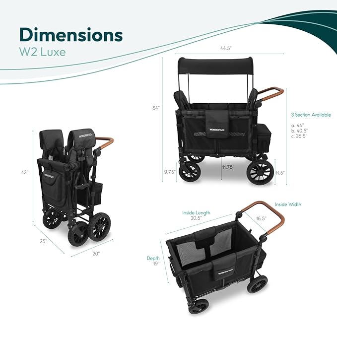 WONDERFOLD W2 Luxe Stroller Wagon (2 Seater) - Collapsible Wagon Stroller with Seats with Magnetic Buckle 5-Point Harnesses and Adjustable Sun Canopy, Volcanic Black