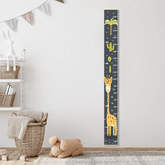 Baby Height Growth Chart - Canvas Height Chart for Kids Baby Child Toddler Boys Girls Growth Chart for Wall Room Nursery Decor Hangable and Removable Measuring Wall Ruler (Cactus Giraffe, Beige Wood)