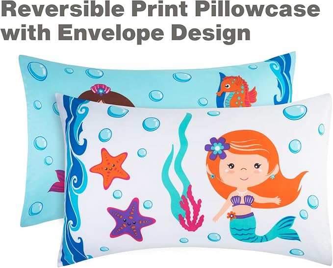 EVERYDAY KIDS 4 Piece Toddler Bedding Set -Undersea Mermaids Adventure- Includes Comforter, Flat Sheet, Fitted Sheet and Reversible Pillowcase