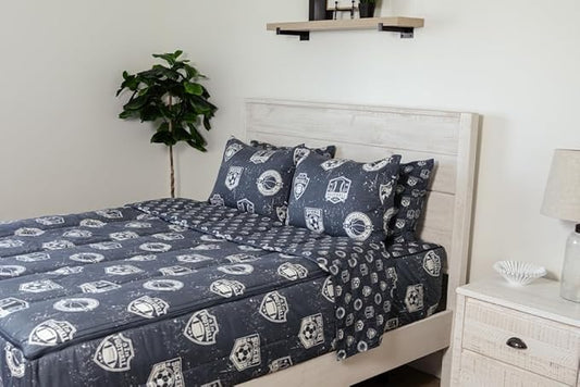 Beddy's Sports Theme Boys Durable Zipper Bedding for Kids, Bed in a Bag, Blue Sheets with Baseball, Football, Basketball, Soccer Comforter, Pillowcase & Pillow Sham, Easy to Make & Wash