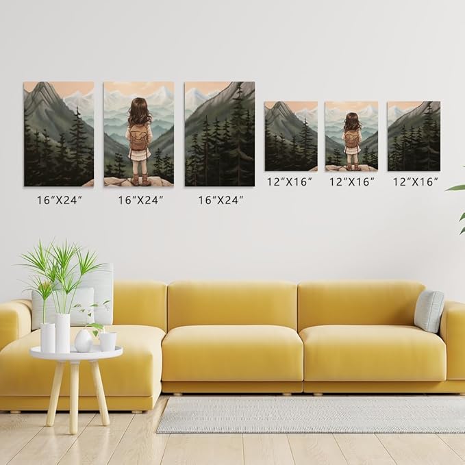 Baby Girl Adventure Nursery Decor, Adventure Nursery Wall Art, Watercolor Mountain Landscape, Woodland Decor for Kids Room, Baby Girl Set of 3 Canvas Set, Framed 16"x24"