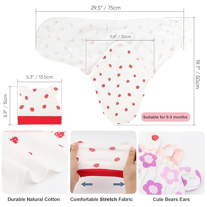DRESHOW BQUBO 3 Pack Baby Swaddle Sleep Sacks Baby Swaddling Blanket Wrap Newborn Swaddle Sack with Bear Ears Hat for Boys Girls 6-12 Lbs Newborns & 0-3 Months Girls Boys
