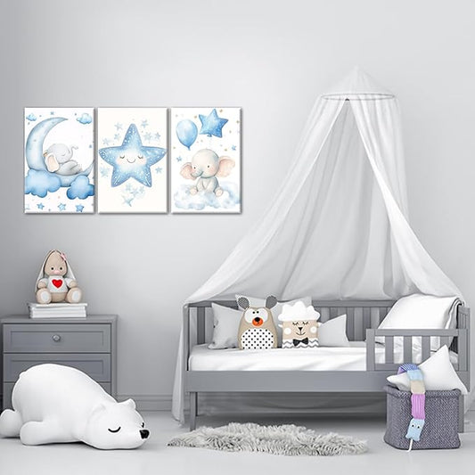Nursery Wall Art Baby Boy Wall Decor Blue Elephant Moon and Stars Painting Prints Cute Animal Canvas Poster for Kids Room Decor Framed(Baby-2,12L x 16W x 3Pcs)