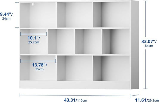 Cozy Castle White Bookshelf, 3-Tier Open Shelf Bookcase, 10 Cube Storage Organizer with Anti-Tilt Device, Freestanding Horizontal Bookshelf Cube Shelf for Bedroom, Living Room