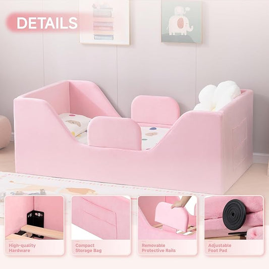 Toddler Floor Bed with Removable Safety Rails and Storage Bag, Kids Bed for Girl and Boys, Standard Crib Size, Safety Upholstered Child Beds, Low to Floor Design