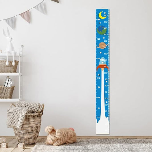Baby Height Growth Chart - Canvas Height Chart for Kids Baby Child Toddler Boys Girls Growth Chart for Wall Room Nursery Decor Hangable and Removable Measuring Wall Ruler (Rocket, Beige Wood)