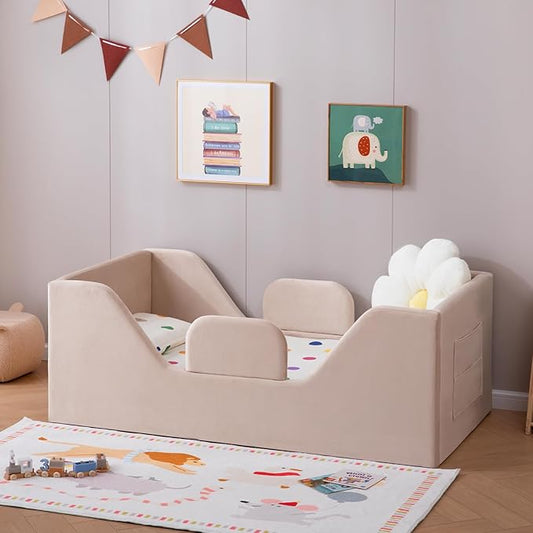 Toddler Floor Bed with Removable Safety Rails and Storage Bag, Kids Bed for Girl and Boys, Standard Crib Size, Safety Upholstered Child Beds, Low to Floor Design