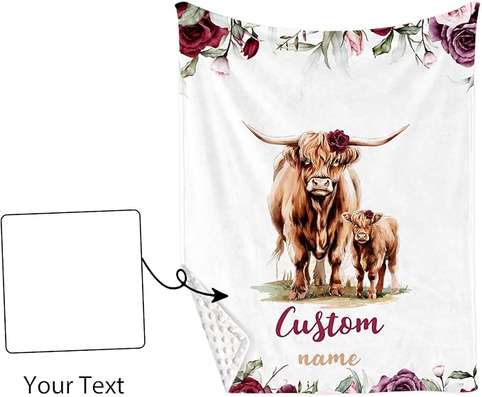 Personalized Baby Crib Bedding Set: 4 Piece Custom Rose Highland Cow Crib Bed Set with Name, Nursery Bedding Set for Baby Girls, Newborn Boys Crib Sets, Crib Bedding Custom Gift, Crib Sheet