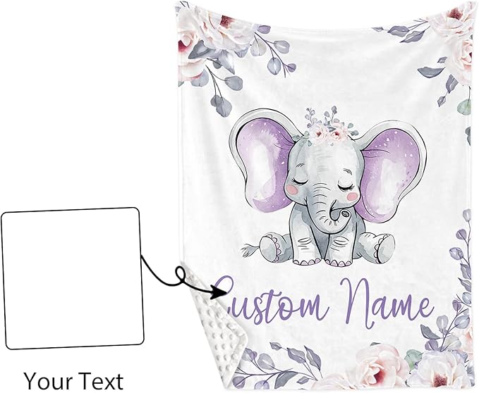 Personalized Crib Bedding Set for Boys Girls, Custom Baby Crib Sets with Name, Light Purple Elephant Design Nursery Bedding 2 Piece - Soft Blanket with Double Layer Dotted Backing, Crib Fitted Sheet