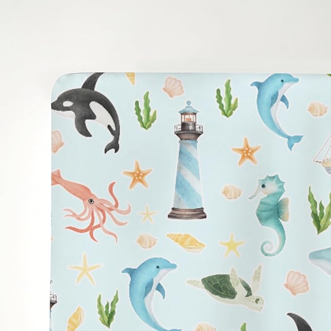 Colorful Ocean Animals Baby Crib Sheets for Boy Girl 28"x52" Sea Horse Whale Dolphin Turtle Lighthouse Soft Snug Fitted Crib Mattress Cover Nautical Baby Sheet for Standard Crib & Toddler Mattress