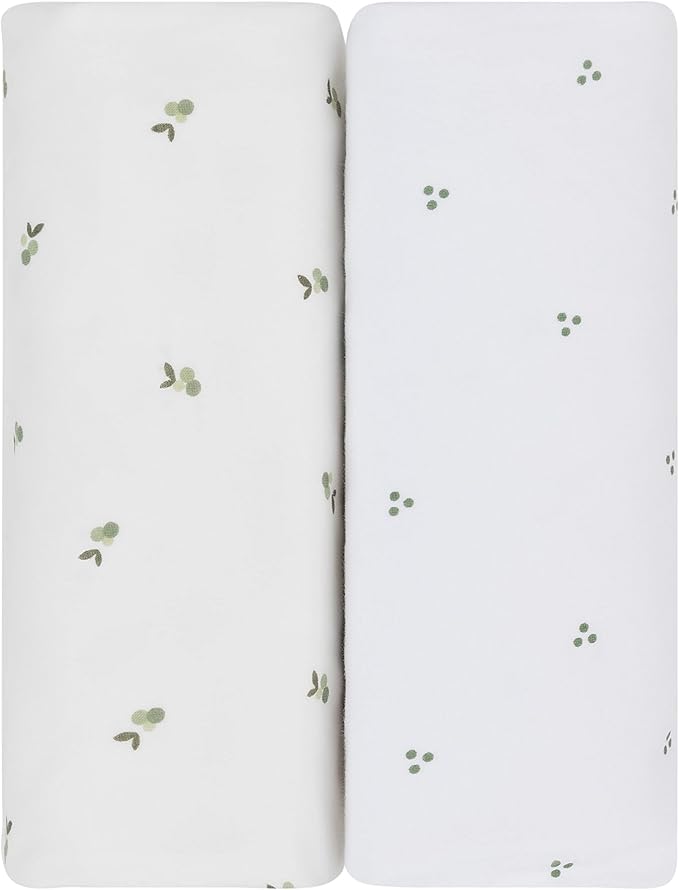 Ely's & Co. Patent Pending Waterproof Pack and Play Sheets, 100% Cotton with Waterproof Lining – 2 Pack Fitted Mini Crib Sheet Set, Berry and Cluster Dot (Sage) 38” x 24”
