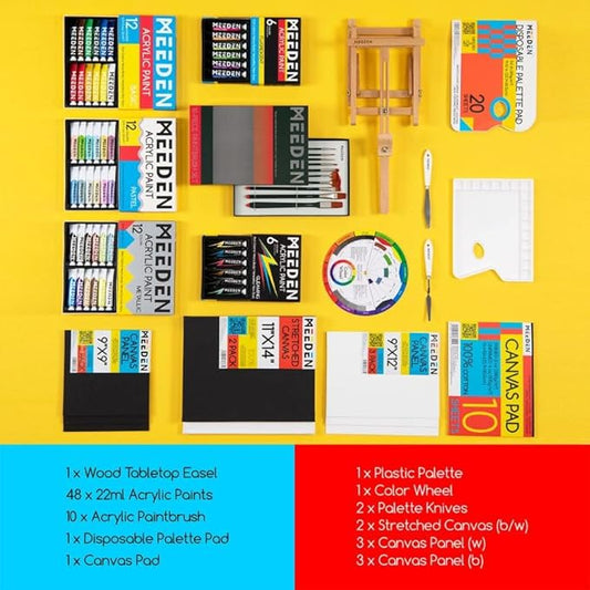MEEDEN 72PCS Deluxe Acrylic Paint Set, Artist Painting Kit with Beech Wood Tabletop Easel, 48 Colors x 22ml Acrylic Painting Set, Canvas, Paint Brushes, Art Supplies for Adults, Beginners