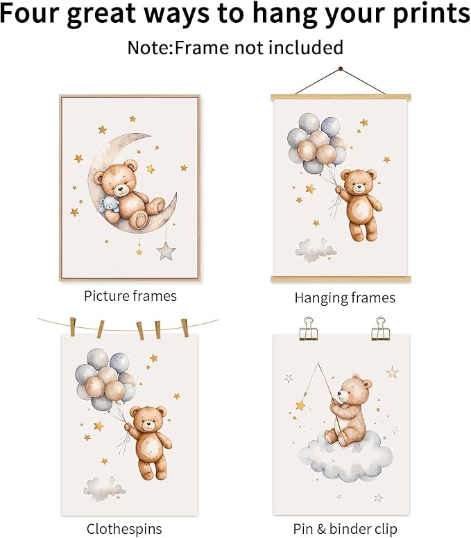 Baccone Teddy Bear Nursery Wall Art Decor Baby Boy Girl Room Poster Vintage Nursery Canvas Wall Decor Toddler Kids Room Pictures Cute Bear Neutral Artwork for Bedroom Playroom 16x24 Unframed Set of 3