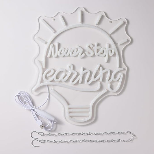 LYUODRE Never Stop Learning Neon Sign Letter neon signs for Wall Decor 5V USB Powered & Dimmable Student LED Neon Lights for Classroom, Study, Office Decoration(15x13in)(Yellow, Green, Cool White)