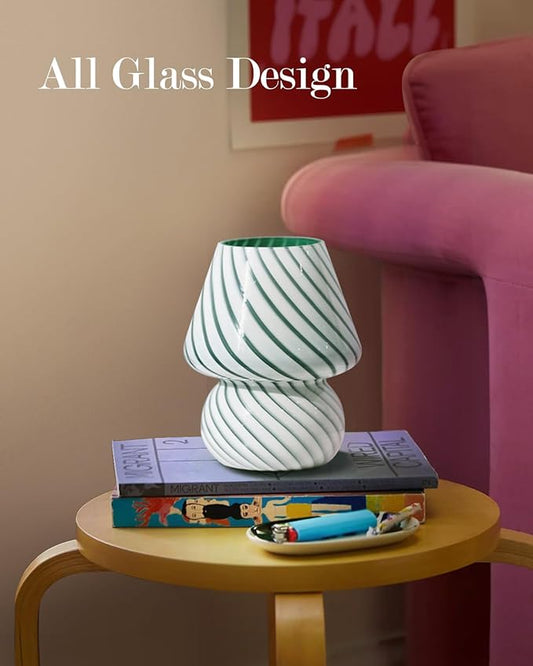 ONEWISH Mushroom Lamp - Small Table Lamp with Striped Glass, Nightstand Lamp for Bedroom, Living Room, Cafe, Office, Bulb Included, for Girls Women Birthday Christmas Thanksgiving, Sage Green