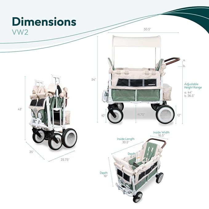 WONDERFOLD Volkswagen Double Stroller Wagon (2 Seater) - Foldable Wagon Stroller with Classic VW Bumper, Headlights, and Retro All-Terrain XL Wheels, Sage Green