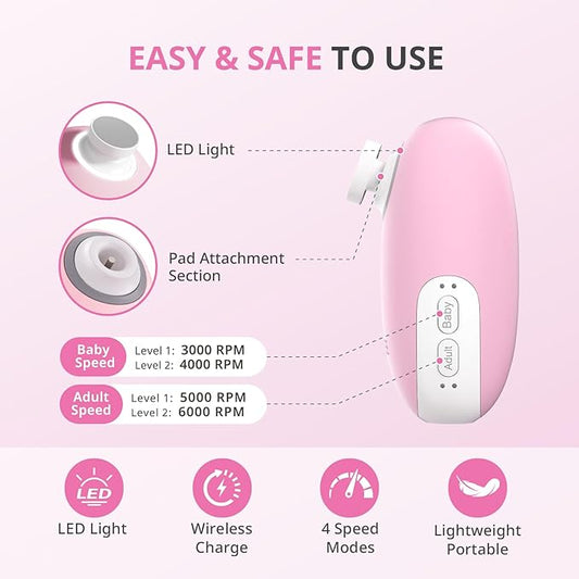 AIRSEE Premium Newborn Gift Electric Baby Nail File, Cordless Safe Nail Trimmer for Infant, 6 Replacement Heads with Magnetic Storage Case, 360° Light, Baby Clipper, Christmas, Candy Pink