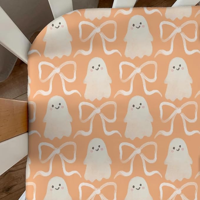 Halloween Spooky Orange Bows Baby Crib Sheets Cute Pastel Bows Soft Crib Sheet Spooky Season Fitted Crib Mattress Cover for Standard Crib and Toddler Mattresses 52"x28"
