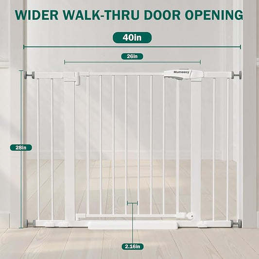 Baby Gate for Stairs, 26-40" Auto Close Dog Gate for Doorways, Pressure Mounted Child Gate with Walk Thru Door, Easy Install Safety Gate for Children and Pets, White