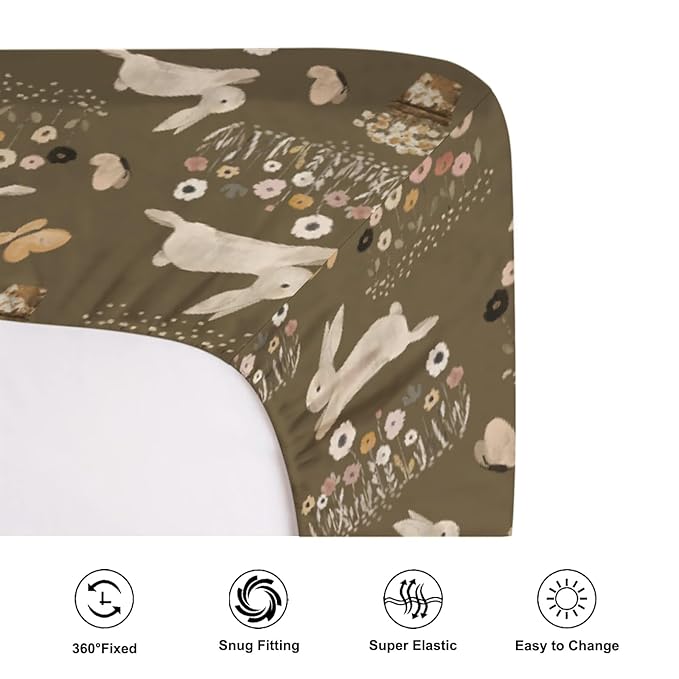 Cute Hopping Bunnies Flowers Fitted Baby Crib Sheets Boy Girl 52"x28" Rabbits Boho Retro Floral Soft Crib Mattress Covers Spring Garden Easter Baby Sheets for Standard Crib and Toddler Bed Mattress