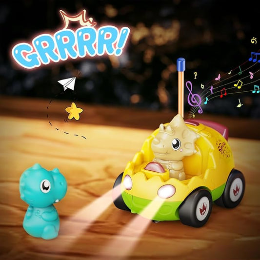 2 Pack Dinosaur Remote Control Cars for Toddlers 2 3 4 5 Years Old - Birthday Gift Ideas for Boys Ages 2-5, Kids Dino Toys RC Vehicle with Lights and Music for Family Fun(Yellow Green)