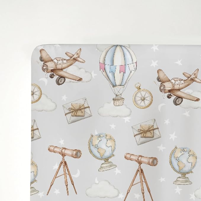 Adventure Baby Crib Sheets for Boy Girl 28"x52" Travel Planes Compass Luggage Globe Explore Soft Snug Fitted Crib Mattress Covers Holiday Vacation Baby Sheet for Standard Crib & Toddler Bed Mattress