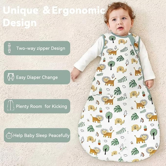 Baby Sleep Sack 0-6 Months 1.0 TOG, 100% Cotton Baby Wearable Blanket with 2-Way Zipper, Infant Toddler Sleeping Sack for Newborn Boys and Girls, Green & Lion